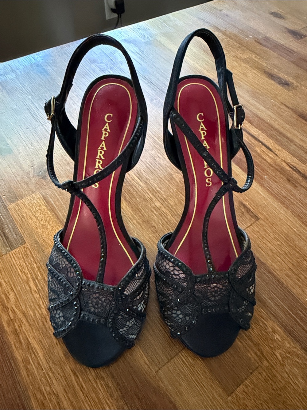 Caparros Black Lace Slingback Heels with Red Insole